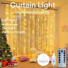 Cortina de luces LED de hadas de 300 luces, 3 m x 3 m, color blanco cálido, con enchufe USB, 8 modos de iluminación, decoración navideña, luces colgantes con control remoto para dormitorio, interior, boda, dormitorio. - Blanco Cálido - Ver 13