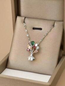 1 件时尚闪亮房屋、气球、树形吊坠项链、不锈钢珠宝礼物，适合女士 - 銀色 - 查看 4