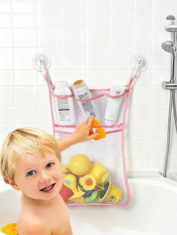 Bath Toy Storage Mesh Bag ,Cartoon Bathroom Toy Organizer, Polyester Mesh Bathroom Storage Bag,Wall Hanging Shower Net Organizer For Bath Toys And Toiletries With Suction Cups, Easy Install Accessory