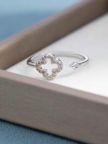 1pc Fashionable Hollow Rhinestone Clover Adjustable Ring For Women - Silver - View 2