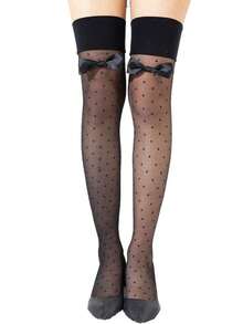 1 Pair Black Sexy Lace Top Thigh High Stockings With Bow Polka Dot Pattern