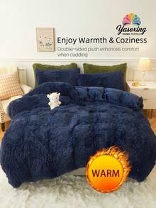 2/3Pcs Dark Blue Plain Color Bedding Plush Shaggy Duvet Cover Set Warm Fluffy Faux Fur Duvet Cover With Pillowcases (1pc Faux Fur Duvet Cover+2pcs Pillowcases) Bedding Set For Bedroom Guest Room King Queen Full Twin Size Crystal Velvet Boho Bedding With 1 Duvet Cover And 1/2 Pillow Shams For Chic Home - Navy Blue - View 1