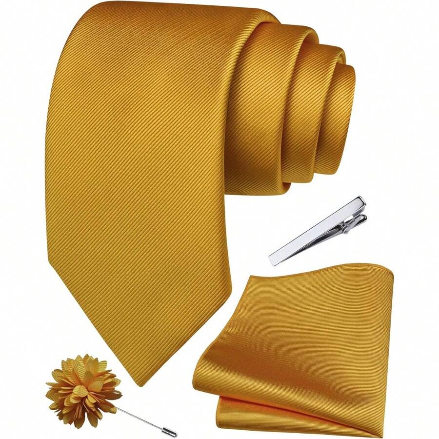 Solid Formal Tie And Pocket Square Plain Necktie Lapel Pin And Set For Men - D-金-2 - 查看 1