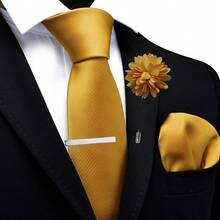 Solid Formal Tie And Pocket Square Plain Necktie Lapel Pin And Set For Men - D-金-2 - 查看 2