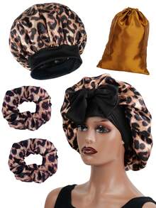 5Pcs Set Large Satin Bonnets With Scrunchies For Women, Elastic Wide Brimmed Leopard Hair Bonnet Long Elastic Tie Bonnet For Sleeping Braids Curly Hair 1PC Satin Bags 2pcs 2 PCs Scrunchies Hair Care Set Night Sleeping Travel Storage Bag Pink Brown Hot Pink Gift For Women