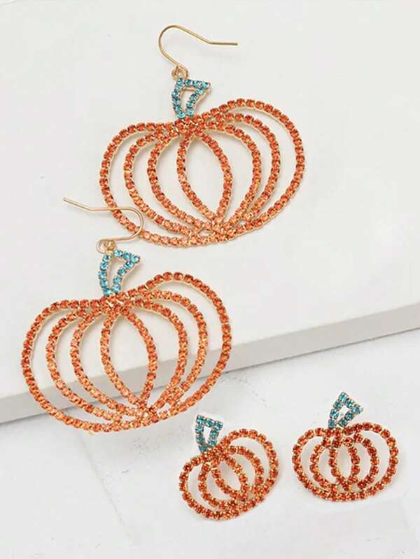 1 Pair Cute & Quirky Red Pumpkin Crystal Pendant Earrings, Unique & Fashionable Halloween Jewelry Design