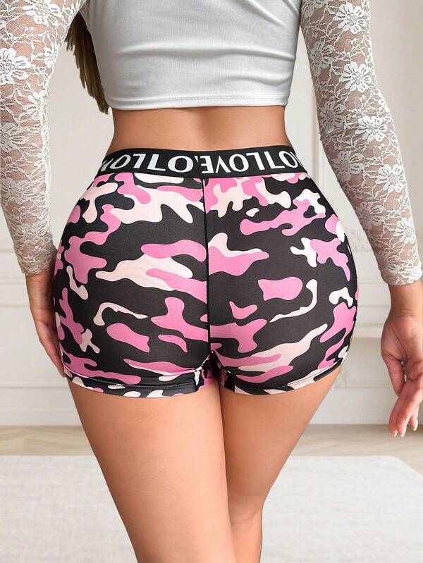 Women's Sports Camouflage Rint Sports High Waist Boxer Pants Contrast Color Letter Webbing Stitching