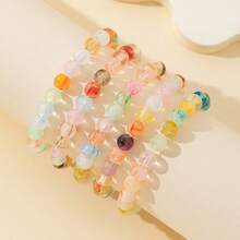 1pc 8mm Faux Jade Beaded Resin Dual-Tone Elastic Bracelet, Minimalist & Fashionable For Women