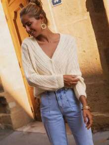 Cardigan de couleur unie à manches longues, pull tricoté, veste, automne/hiver - Blanc - Voir 3