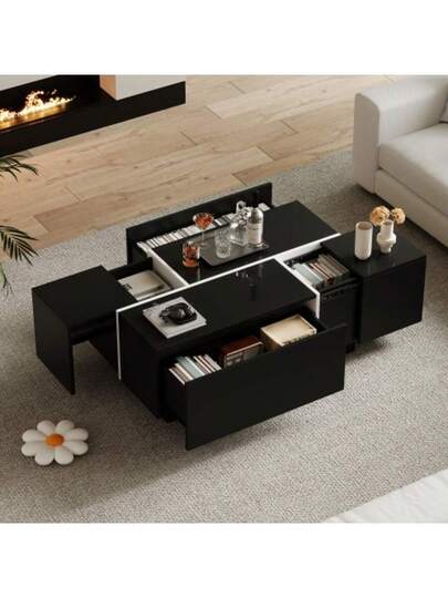 Moderne Zwart Square Coffee Table, Sofa Tafel In Patchwork High Gloss Finish, 100 60 40 Cm Living Room Four Drawers, Sliding Top, Load Capacity Up To 30 Kg