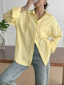 Look Polly 女士夏季 Y2K 条纹长袖衬衫，奶油黄单排扣休闲时尚，沙滩风，带口袋设计，返校季，复古风可爱教师衬衫，宽松纽扣衬衫，教师，情人节音乐会时尚衬衫，春季 - 黃色 - 查看 8