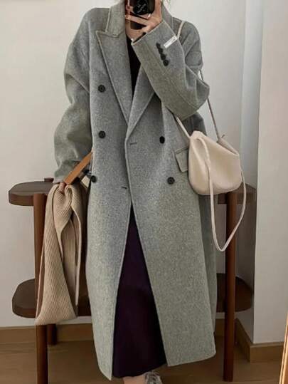 Plus Size Women's Solid Color Fashion Casual Elegant Lapel Double-Breasted Long Sleeve Woolen Coat Jacket, Suitable For Daily Matching, Outings, Gatherings, Business, Office Commute