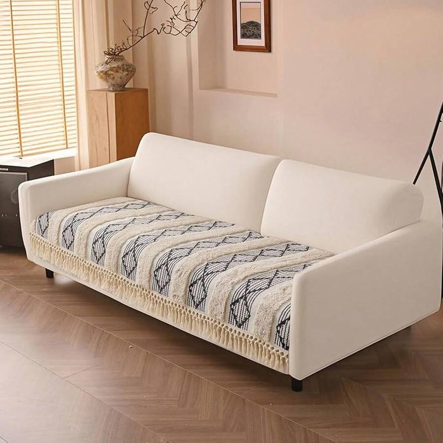 Boho Couch Cover Cotton Linen Tufted Sofa Cover With Tassel, Dog Couch Cover 3 Cushion Couch Sofa Non Slip Sofa Cover Living Room, 35.4x70.9 Inch, Home Decor - 06: Geometric Black Plaid - View 1