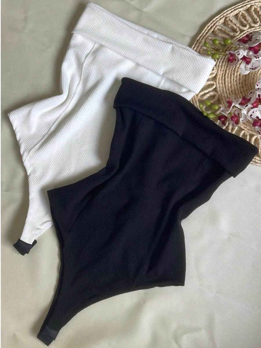 Kit Two (2) Women's Strapless Bodysuits Versatile Elegant Comfortable Spring Summer - Black and White - View 1