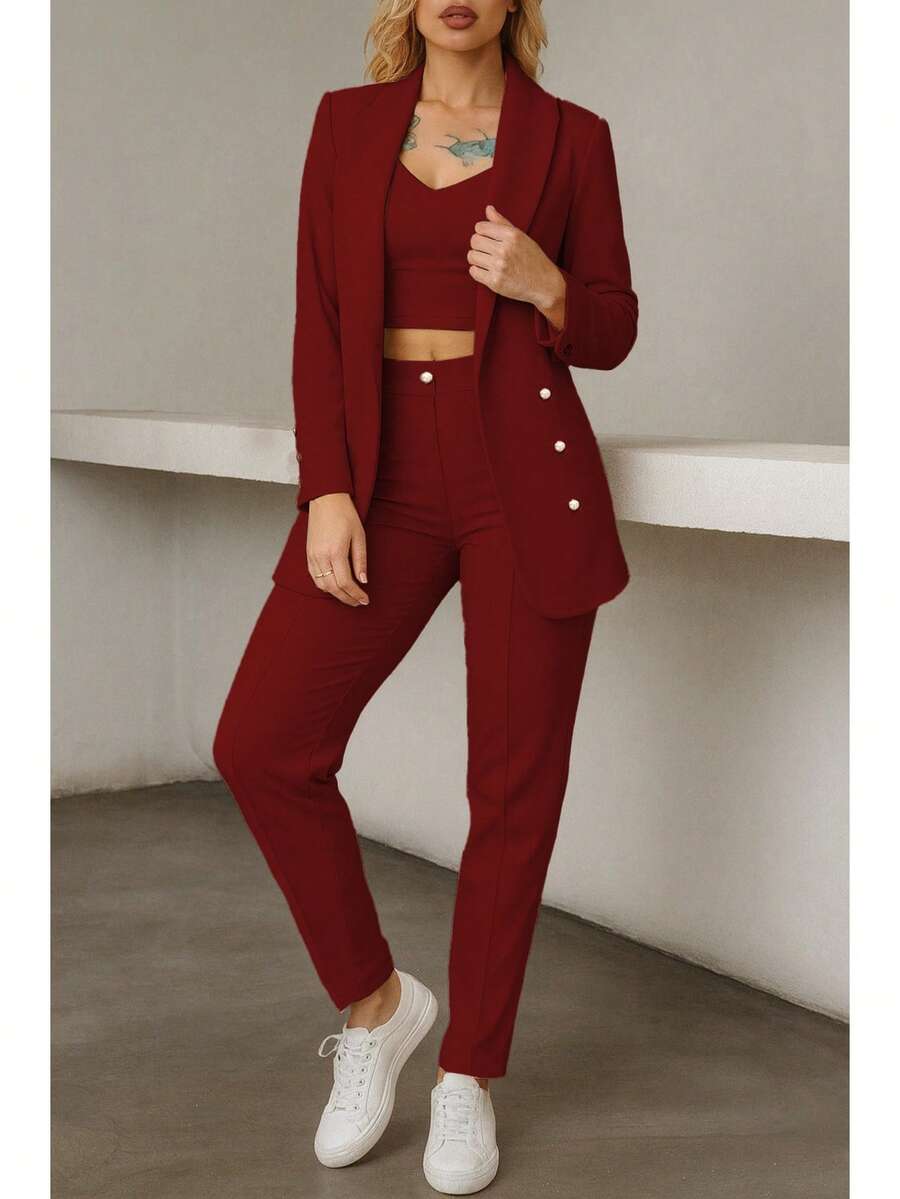Conjunto elegante de blazer y pantalón de manga larga con cuello chal y doble botonadura para mujer, tejido elástico medio.