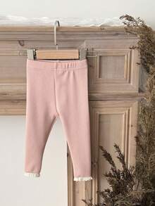 Newborn Baby Girls Solid Color Lace Trim Elastic Leggings, Spring/Autumn - Pink - View 4