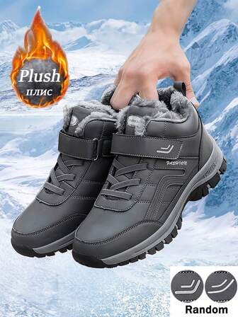 适合爸爸妈妈的冬季毛绒内衬雪地靴，适合老年男士的保暖防滑休闲步行鞋，舒适轻便柔软减震钩环系带靴，黑色和灰色，适合寒冷天气日常穿着、户外散步、远足、雪地徒步（随机钩环图案）