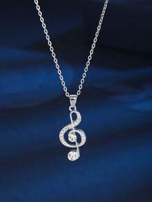 Rhinestone Musical Note Charm Necklace - 銀色 - 查看 4