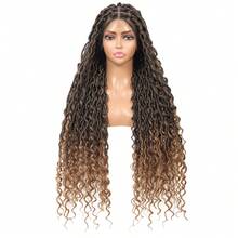 全蕾丝编织假发，波西米亚风卷发，方形无结辫编织假发，女士适用，32 英寸合成蕾丝前编织假发，带婴儿发辫，玉米辫假发，日常使用 - 彩色 - 查看 13