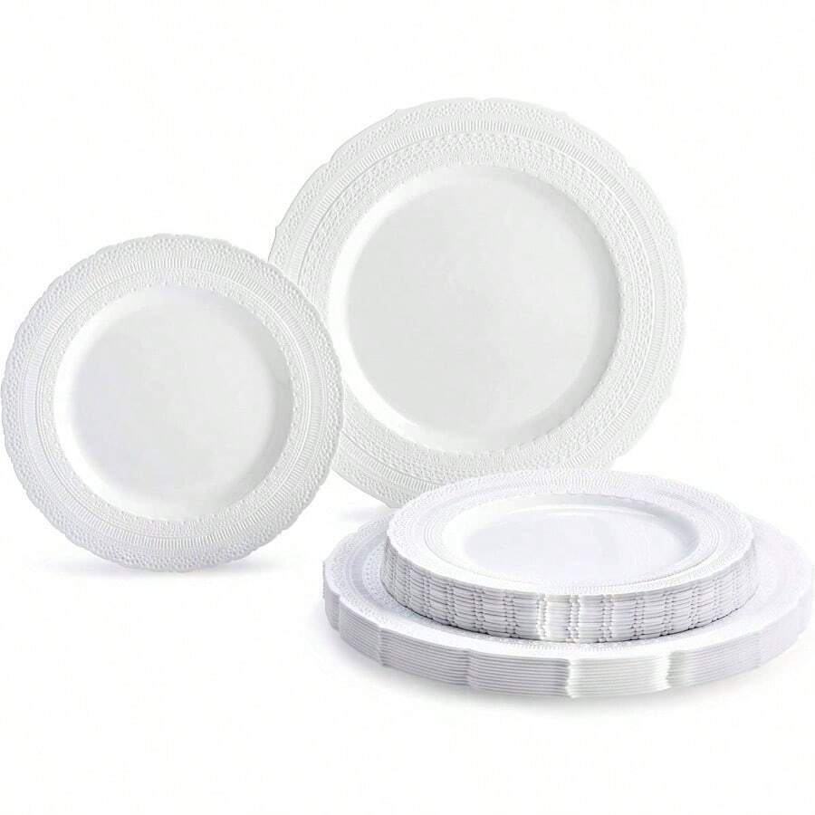240 Plates Pack, 120 Guests Heavyweight Vintage Wedding DisposableReusable Plates 120x11'' Dinner+ 120x8.25'' SaladDessert Plate Chateau White - 50 miếng (25 khách) + A1. Lâu đài màu trắng - Xem 1