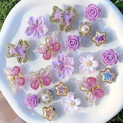 20pcs Butterfly & Animal Y2K Elegant Asymmetric/Asymmetrical Shoe DIY Decor, Suitable For Indoor & Outdoor, All Seasons, Purple