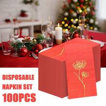 Guardanapos descartáveis com estampagem a quente vermelha de 15,74 x 13 polegadas, 100/60/20 unidades, padrão floral, usados para celebrações tradicionais de feriados, festas de aniversário, banquetes de casamento, festas de noivado, ocasiões sociais de negócios, uso diário em hotéis e indústrias de catering, etc.
