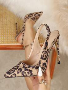 性感时尚杏色豹纹尖头细高跟休闲百搭后跟带女式高跟鞋 - 彩色 - 查看 3