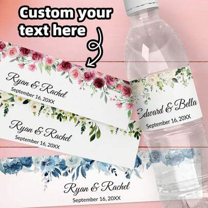 1-60PCS Personalized Water Bottle Label Stickers, Customized Water Bottle Outer Packaging Labels, Customized Name Text - Leaf And Flower Design, Suitable For Birthdays, Family Gatherings, Holiday Parties, Wedding Packaging ,Forever Love