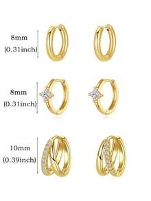 6只/3对 14K镀金双层小耳环，低过敏性透明立方氧化锆耳夹耳环，适合耳骨、耳垂、耳廓及其他穿孔部位，女士及女孩适用 - 6Pcs Set2 - 查看 2