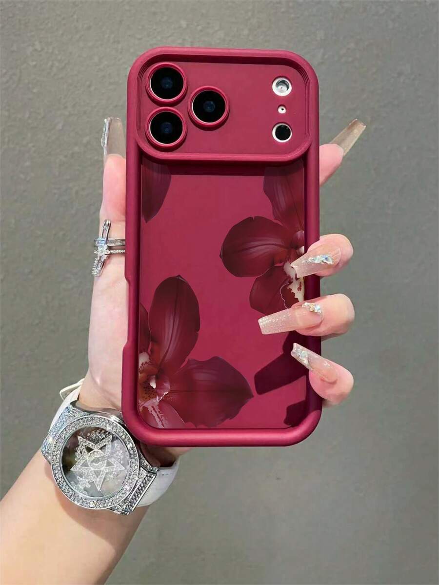 Flower 1pc Minimalist Red Floral Pattern Shockproof TPU Phone Case, Compatible With Apple 16 Pro Max/15 Plus/14/13/12/11/8P/XS Max And Galaxy S24 Ultra/S23 FE/S22/S21/S20/A52S/A15/A03, Suitable For New 17/17 Pro/17 Pro Max