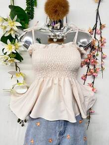 T109Crop Top With Straps And Ruffles - Beige - View 3
