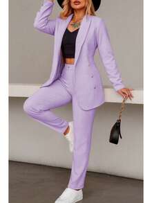 Elegante conjunto de traje liso de manga larga con cuello chal y doble botón para mujer, con bolsillos, para oficina y trabajo. - Púrpura malva - Ver 2