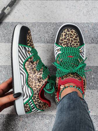 Women's Leopard Print Contrast Color Patchwork Skateboard Shoes, Personalized Lace-Up Double Shoelaces Party Holiday Casual Outdoor Soft Sports Shoes, High Street Low-Top New Year Christmas City Commute Outdoor Non-Slip Walking Unisex Shoes, Carnival