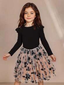 Anewsta Vestido casual minimalista de manga larga con cuello redondo y contraste de malla de unicolor para niña joven