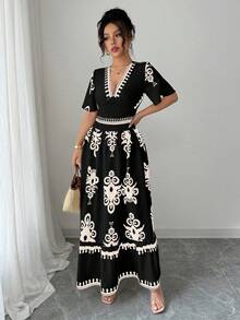 Mujeres Vintage Impreso Cuello en V Cintura Cincha A-Line Hem Vestidos,vestidos elegantes para dama - Negro - Ver 5