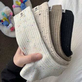 Women's Fabric Label Socks, Sweet Vertical Striped Slouch Socks, Suitable For Spring, Autumn, Sports Style, Outer Wear
