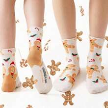 4 双女士新款圣诞圣诞老人、雪人、姜饼人图案袜子，舒适柔软礼品袜，中筒袜，秋冬