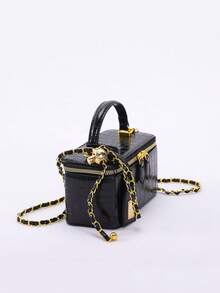 1 件优质黑色鳄鱼压纹拉链小方包，时尚 PU 绗缝钻石缝线盒子包，百搭拉链小方包，女士手提包配链条肩带 - 黑色 - 查看 5