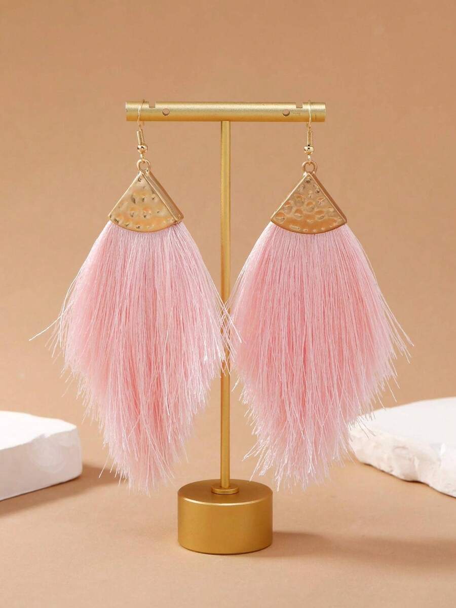 1 Pair Bohemian Style Fluorescent Red, Navy Blue, Gray, Rose Red, Faux Pearl Pink Long Tassel Triangle Minimalist Fashion Alloy Earrings For Women, Suitable For Daily Wear - Pink - View 1
