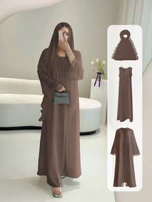 Open Abaya Set With Lace Trim, Sleeveless Inner Dress & Chiffon Headscarf - Lightweight, Modest & Breathable For Spring/Summer