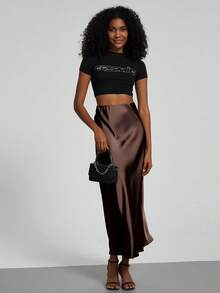 Se-Helo Fashion Women's Elastic Satin Finish Maxi Skirt - Dark Coffee