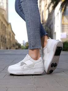 Teens' Casual Sports Roller Skate Shoes With 4 Wheels, Retractable Rear Wheels And Brakes