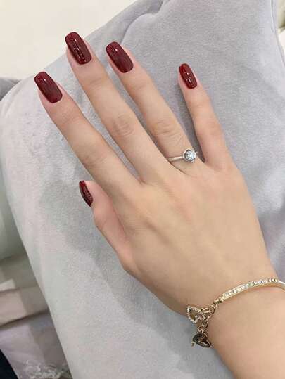 24 pezzi di unghie finte rosse francesi autunnali stile Y2K, di media dimensione e forma quadrata, con glitter, stile semplice e di moda, riutilizzabili, unghie acriliche finte, accessori per unghie, con 24 pezzi di linguette in gel e una mini lima inclusi