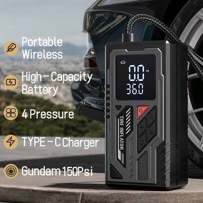 Portable Wireless Car Air Compressor: Combines Electric High-Pressure Inflator Function, Essential Car Accessory, Wireless Design For Flexible Use Without Relying On External Power, Compact Size Takes Up Little Space, Easily Handles Tire Inflation Needs For Daily Driving, Outdoor Camping And Other Scenarios, A Must-Have Car Emergency Equipment.