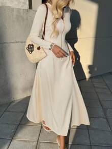 Unadoll Women's Round Neck Half Open Zipper Elegant Dress Dress, Suitable For Dates, Vacations, Music Festivals, Back To School,Christmas