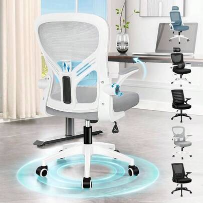 Ergonomic Office Chair, Adjustable Lumbar Support Desk Chairs Home Office, Mid - Back Swivel Mesh Computer Chair With Flip - Up Armrests, Tilt Functio