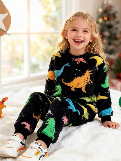 Toddler Kids Long Sleeve Top And Pants Set, Fluffy Dinosaur Print Pattern, Cool Back To School Outfit