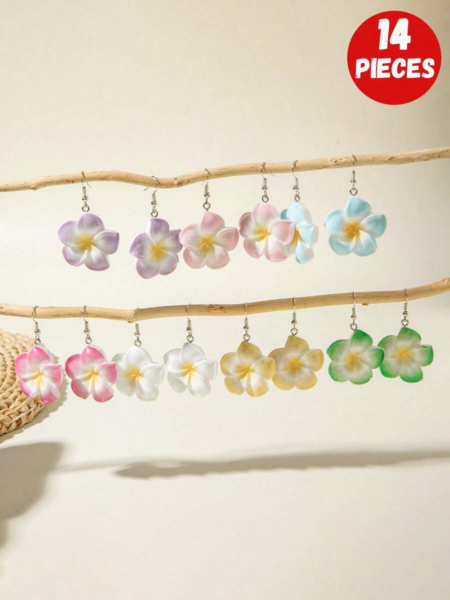 Juego de 14 piezas/8 piezas/6 piezas/2 piezas de pendientes de flor de resina juveniles y de moda, pendientes de vacaciones, disponibles en varios colores, adecuados como regalo para niñas y amigas
