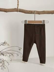 Newborn Baby Girls Solid Color Lace Trim Elastic Leggings, Spring/Autumn