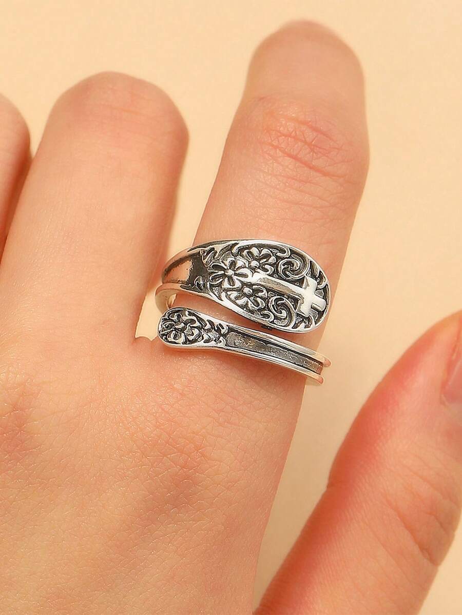 1 Stück modischer Blütenblatt-Kreuz-Jesus-Bibel-Verstellbarer Offener Ring für Männer & Frauen